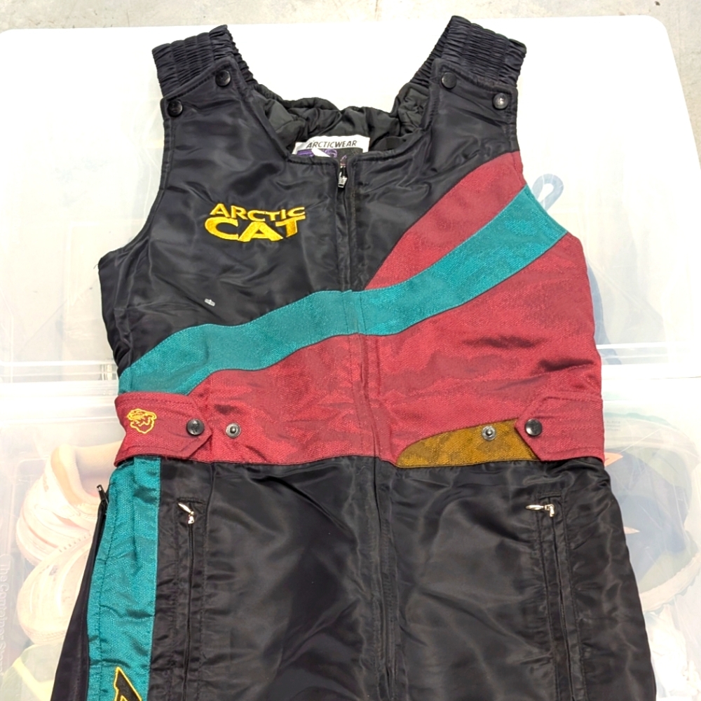 VTG Arctic Cat Overall Bib Snowpants Iridescent Turqoise Red Gold Blk Size Small